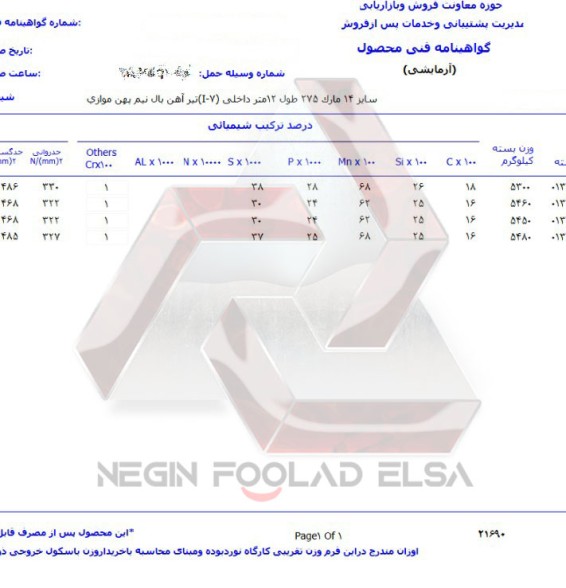 برگ آنالیز تیرآهن 14 ذوب آهن i7 آنالیز تیرآهن 14 ذوب آهن i7