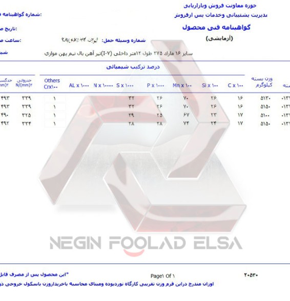 برگ آنالیز تیرآهن 16 ذوب آهن i7 آنالیز تیرآهن 16 ذوب آهن i7