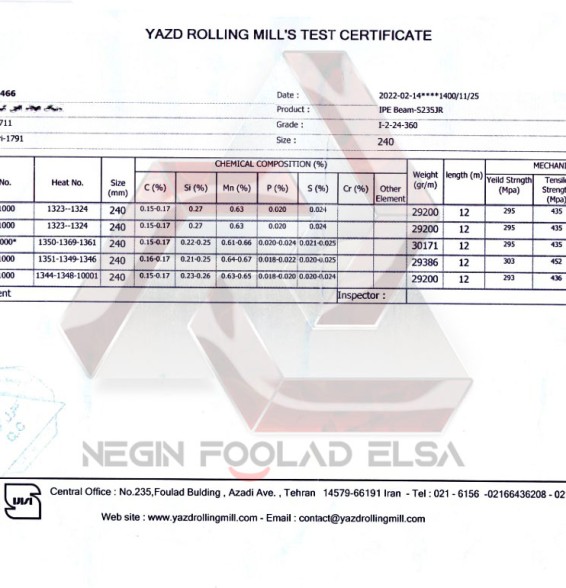 برگ آنالیز تیرآهن 24 یزد آنالیز تیرآهن 24 یزد